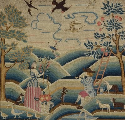 刺繍の絵、c.1740（リネン、ウール、シルク） 作： American School